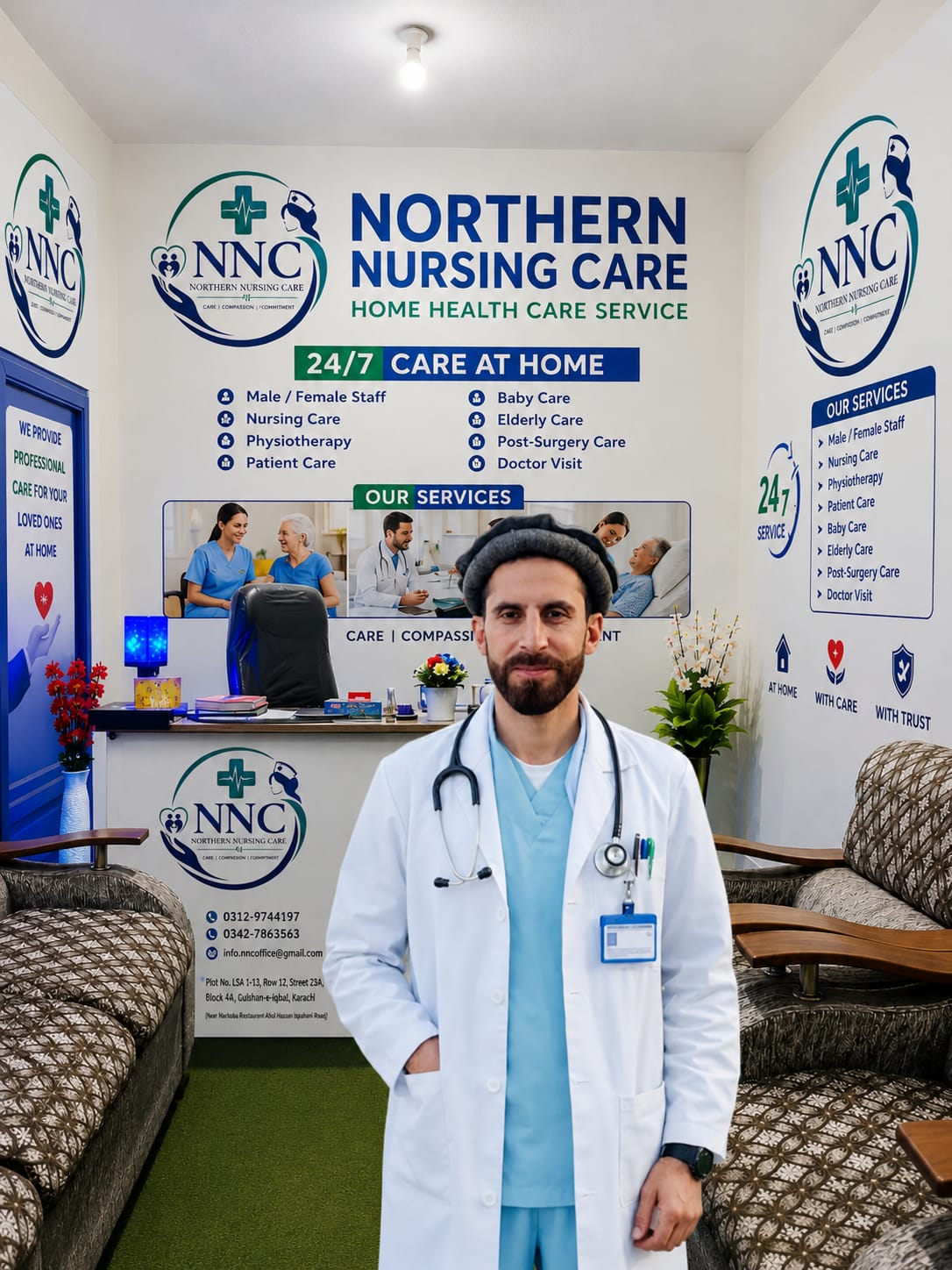 Professional nurse providing compassionate care to an elderly patient at home